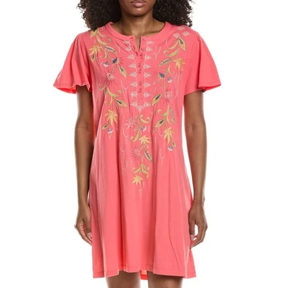 Johnny Was Coral Embroidered Flutter Sleeve Henley Dress - Picture 2 of 7